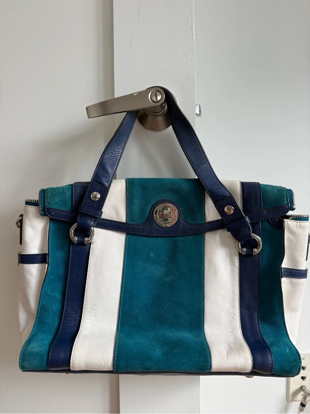Karen Millen Teal, White & Navy Striped Satchel